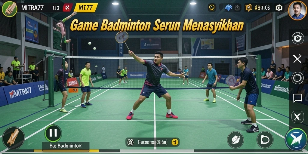 Screenshot antarmuka MITRA77 menampilkan gameplay Badminton yang mengasyikkan.