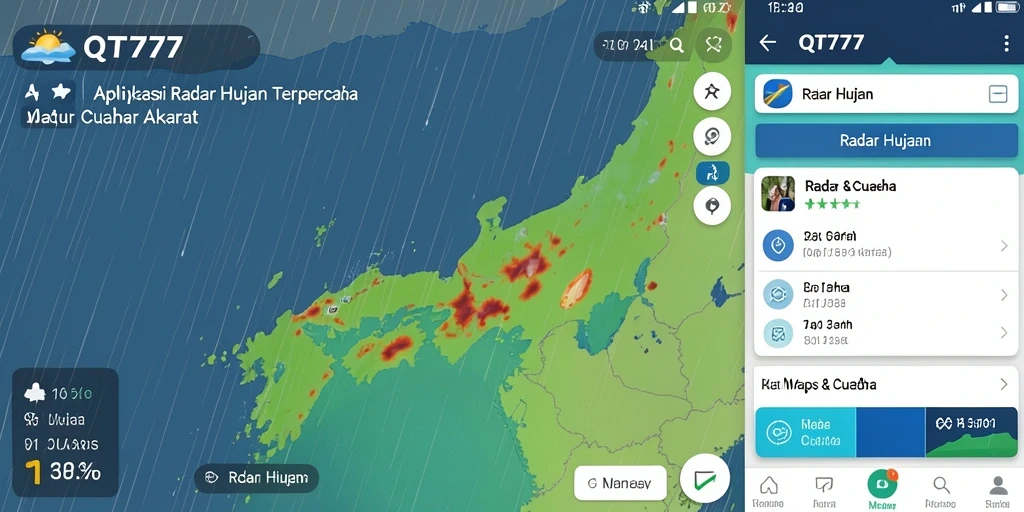 Antarmuka QT777 menunjukkan peta curah hujan dan prediksi cuaca.