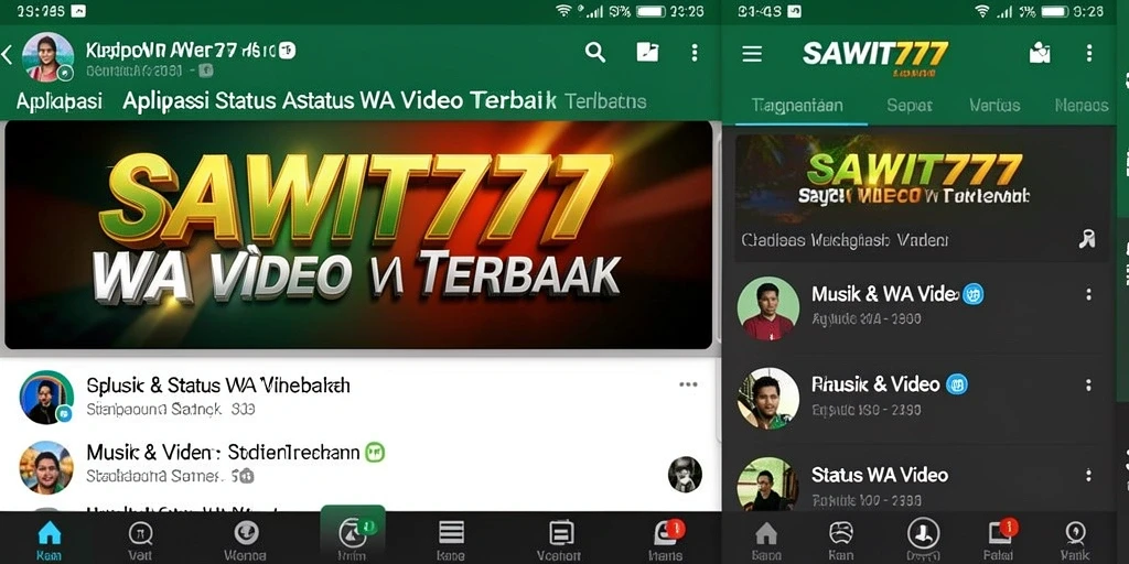 Tampilan antarmuka SAWIT777 dengan berbagai pilihan video untuk status.